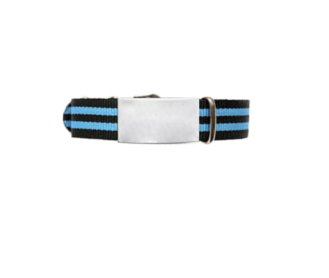 Emergency ID With Black Military-style Watch-style Nylon Strap With Double Blue Stripe 245mm Width 14mm – 18mm