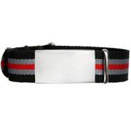 Emergency ID - watch style nylon strap - black military design with gray and red stripes 245 mm